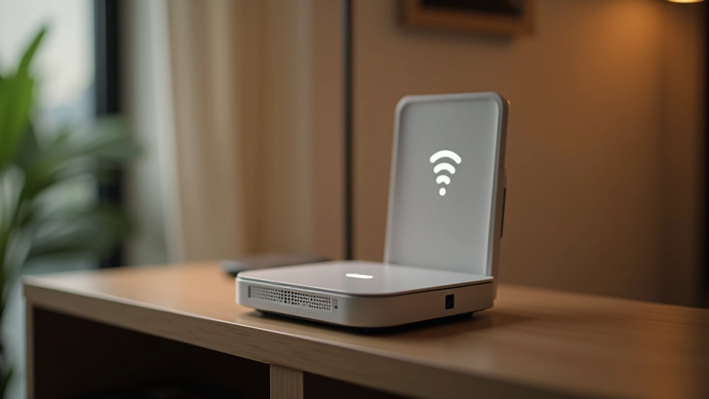 Namų WiFi routeris lentynoje su saugumo ikonomis aplink